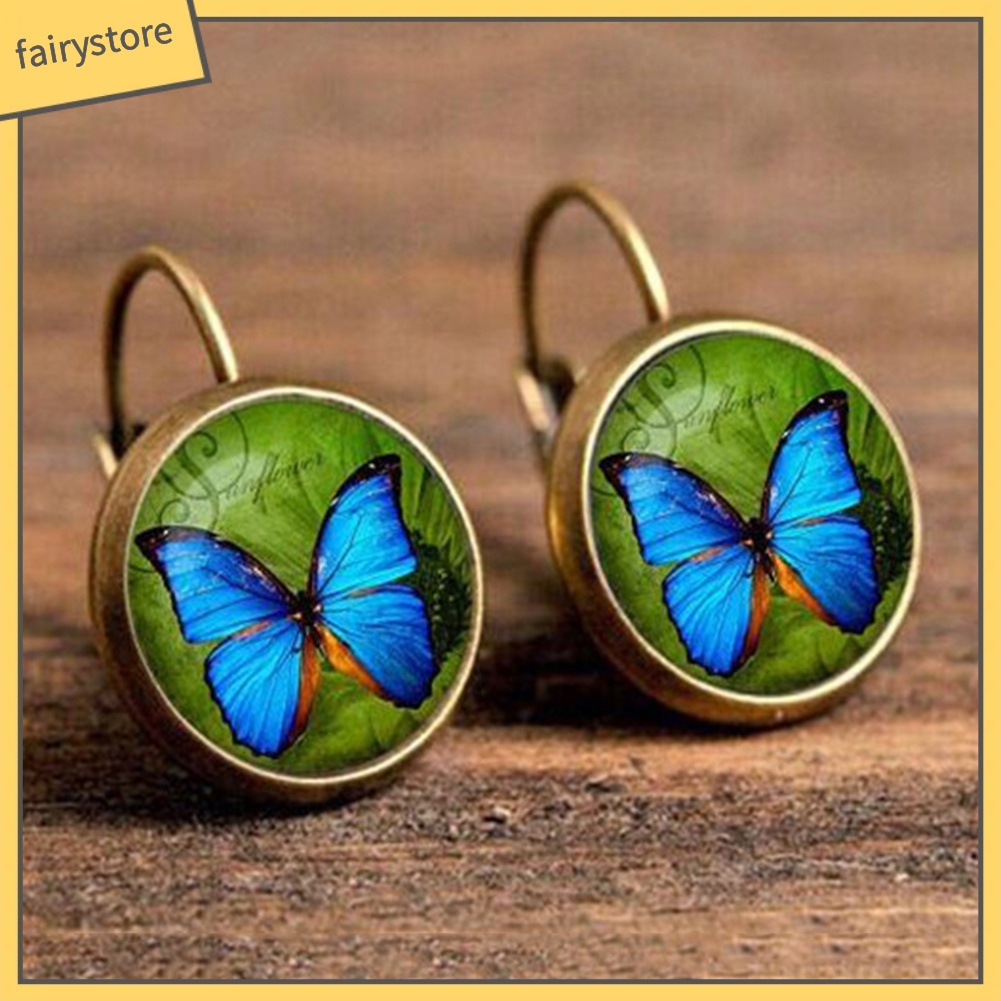 Bông Tai Tròn Mặt Kính Cabochon Hình Bướm Cổ Điển Cho Nữ