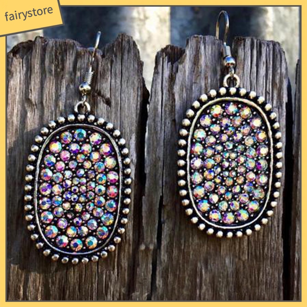 Bông Tai Hình Oval Đính Kim Cương Giả Nhiều Màu Phong Cách Vintage