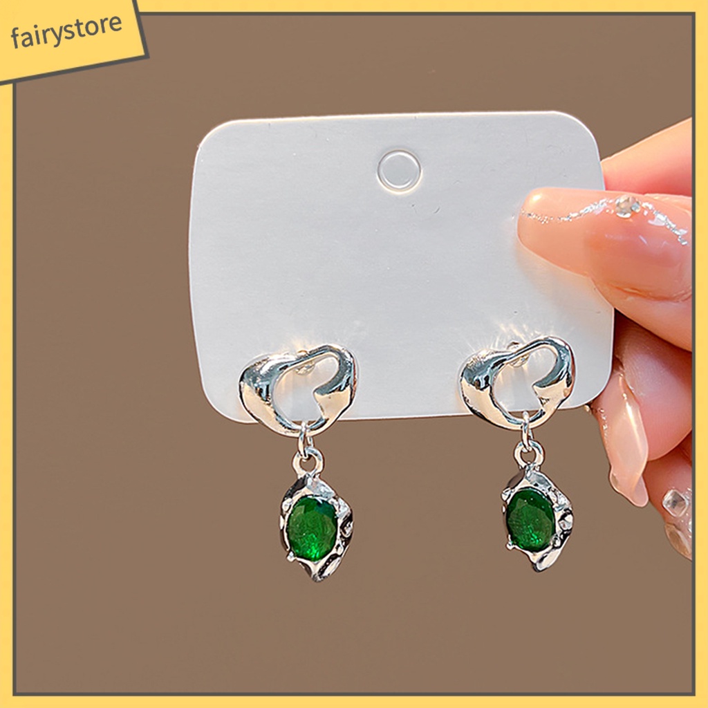 1 Đôi Bông Tai Hình Trái Tim Đính Đá Pha Lê Xanh Lá Phong Cách Retro