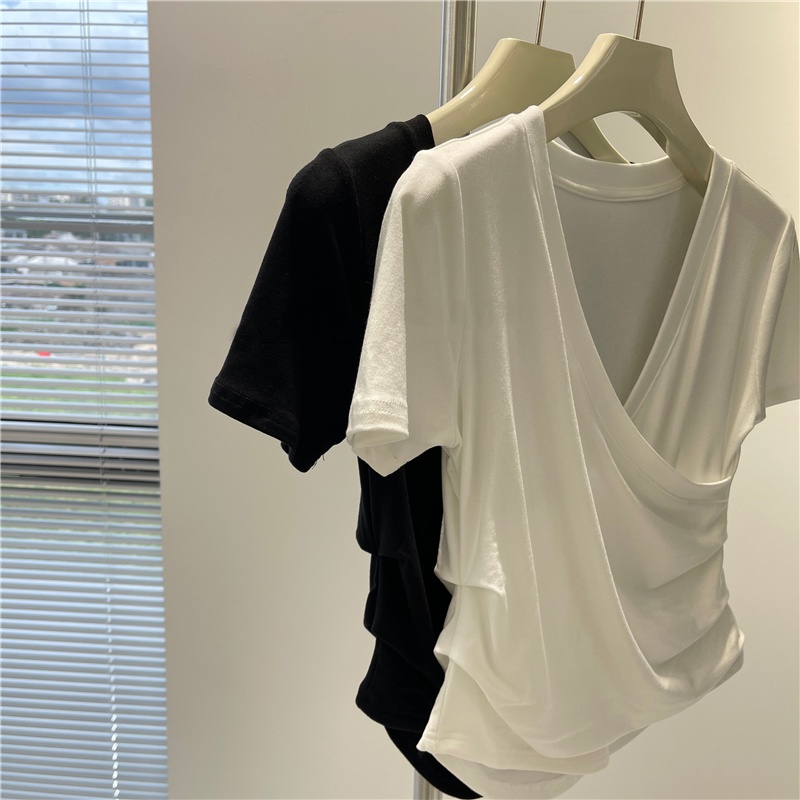 Áo Thun Crop Top Nữ Tay Ngắn Cổ Chữ V Màu Trơn Phong Cách Hàn Quốc