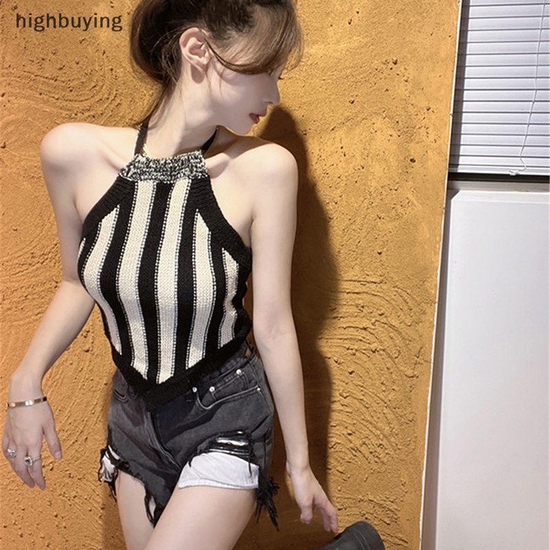 Áo Crop Top Hai Dây Dệt Kim Hở Lưng Y2K Thời Trang Mùa Hè 2023 Cho Nữ