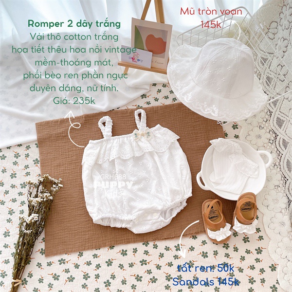 (GRH688) (7-10kg) Bộ liền thân dành cho bé gái (PUPPY KIDS) Romper 2 dây trắng phối bèo ren phần ngực.