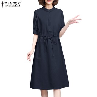 Zanzea Đầm Tay Lửng Cổ Đứng Phối Dây Rút Thời Trang Hàn Quốc Cho Nữ