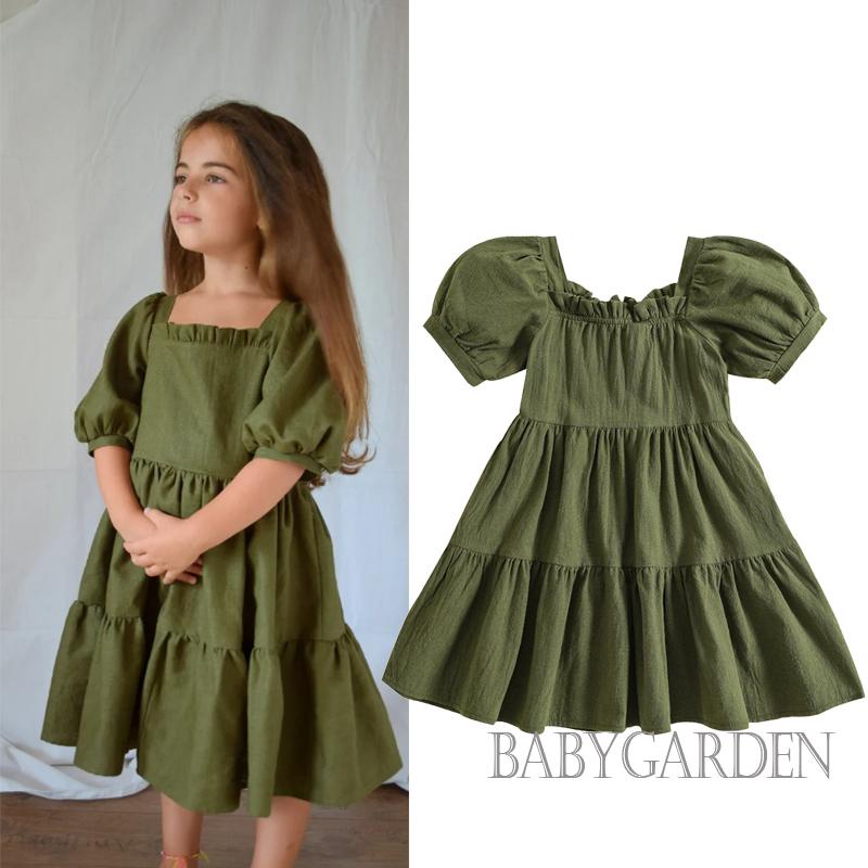 Đầm Tay Ngắn Cổ Vuông Màu Trơn Thời Trang Mùa Hè Xinh Xắn Cho Bé Gái Từ 3-8 Tuổi