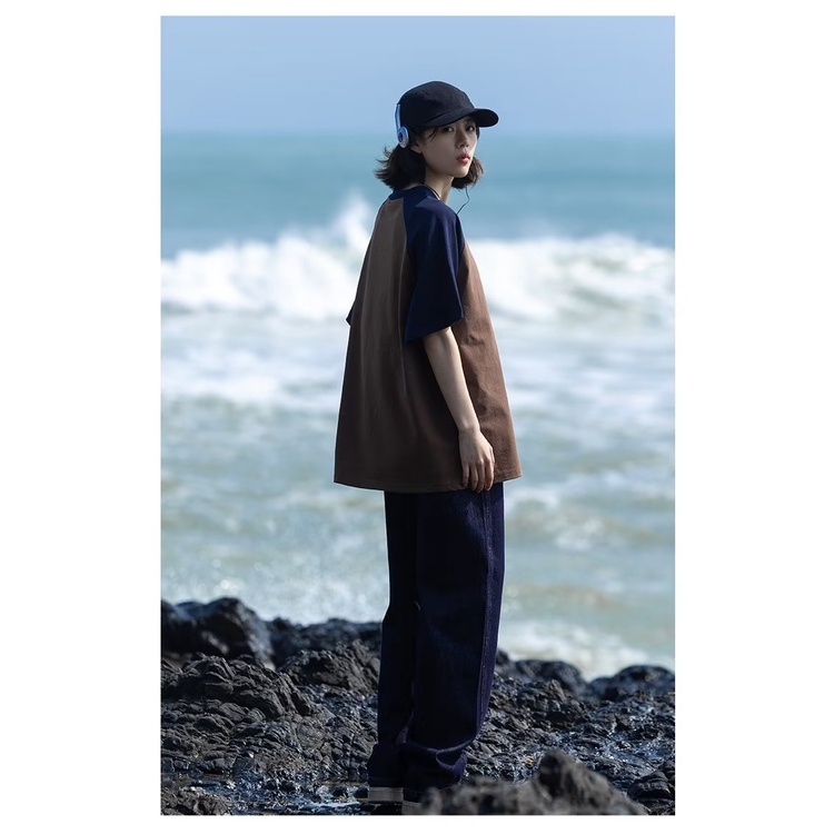 Áo Thun Raglan Tay Ngắn Dáng Rộng Màu Sắc Tương Phản Thời Trang Dành Cho Cặp Đôi