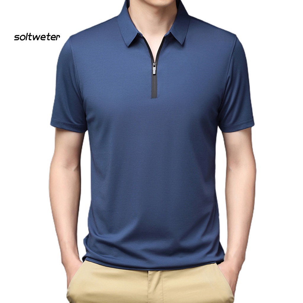 Áo Sơ Mi Tay Ngắn Cổ Bẻ Màu Sắc Đơn Giản Có Khóa Kéo Thời Trang Đường Phố Cho Nam