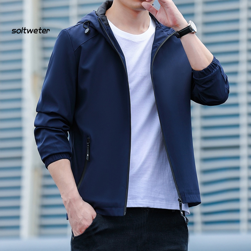 Áo Khoác Có Nón Và Khóa Kéo Màu Sắc Đơn Giản Phong Cách Đường Phố Hàn Quốc Cho Nam