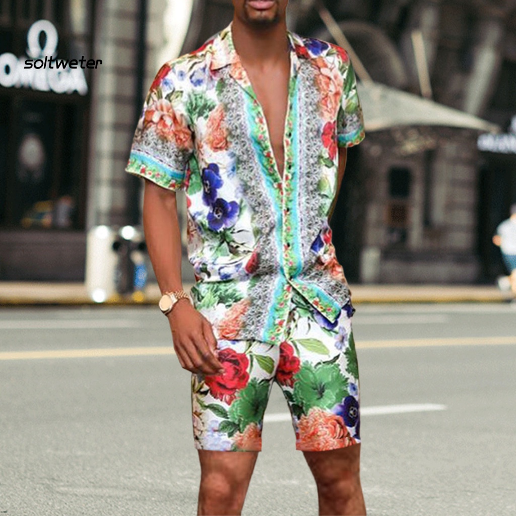 Bộ Trang Phục 2 Mảnh Gồm Áo Sơ Mi Cổ Bẻ In Họa Tiết Nhiều Màu + Quần Short Phong Cách Hawaii Cho Nam