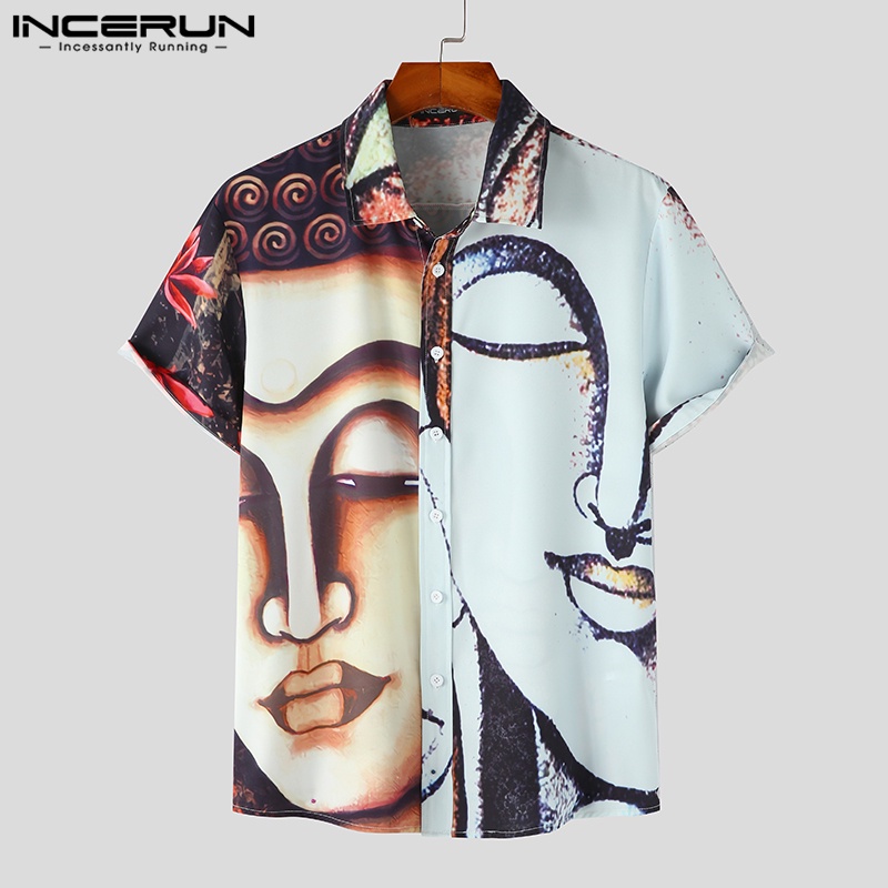 INCERUN Áo Sơ Mi Ngắn Tay Họa Tiết Tranh Trừu Tượng Thời Trang Hàn Quốc Cho Nam
