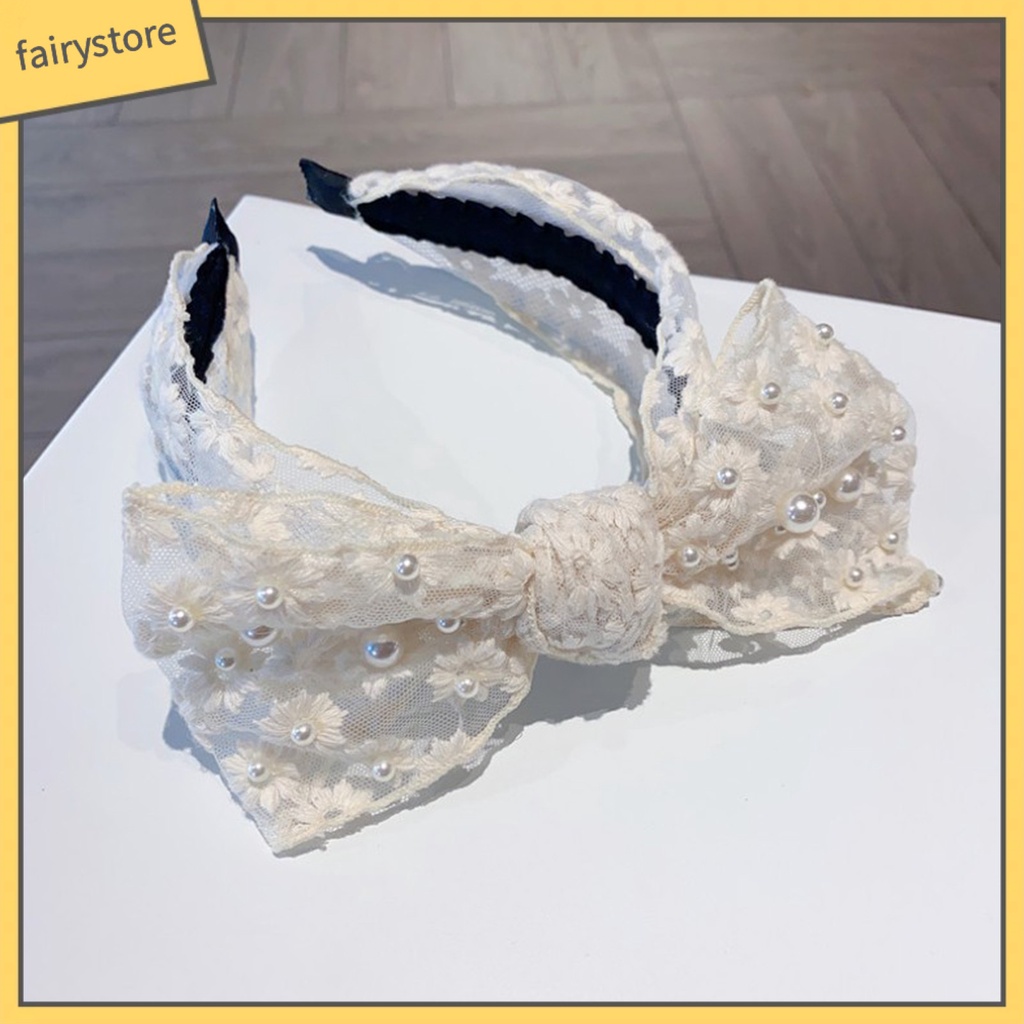 Băng Đô Cài Tóc Bản Rộng Thắt Nút Đính Ngọc Trai Giả Phối Ren Thắt Nơ Xinh Xắn Cho Bạn Gái