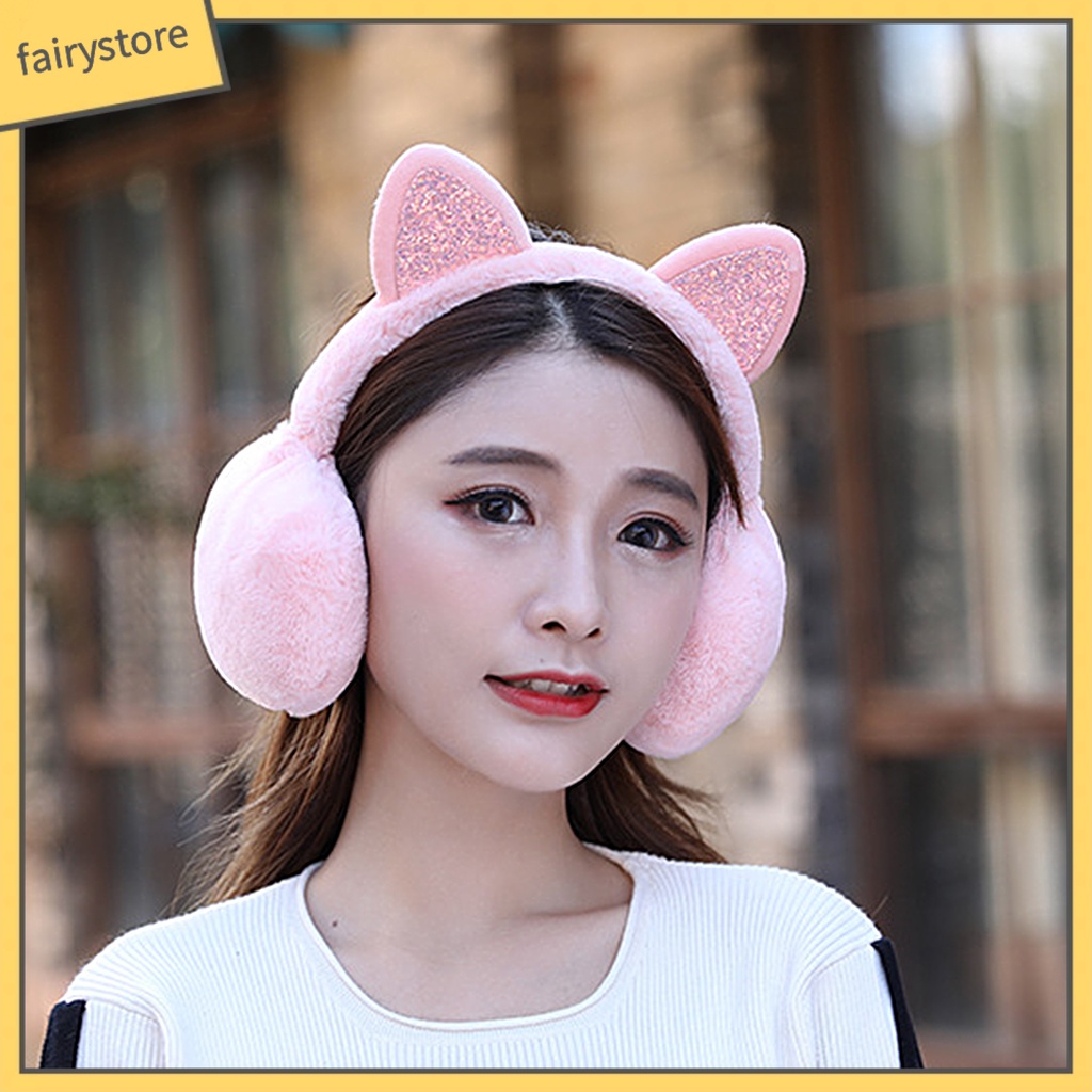 Chụp Tai Giữ Ấm Mùa Đông Hình Tai Mèo Lấp Lánh Cho Nữ