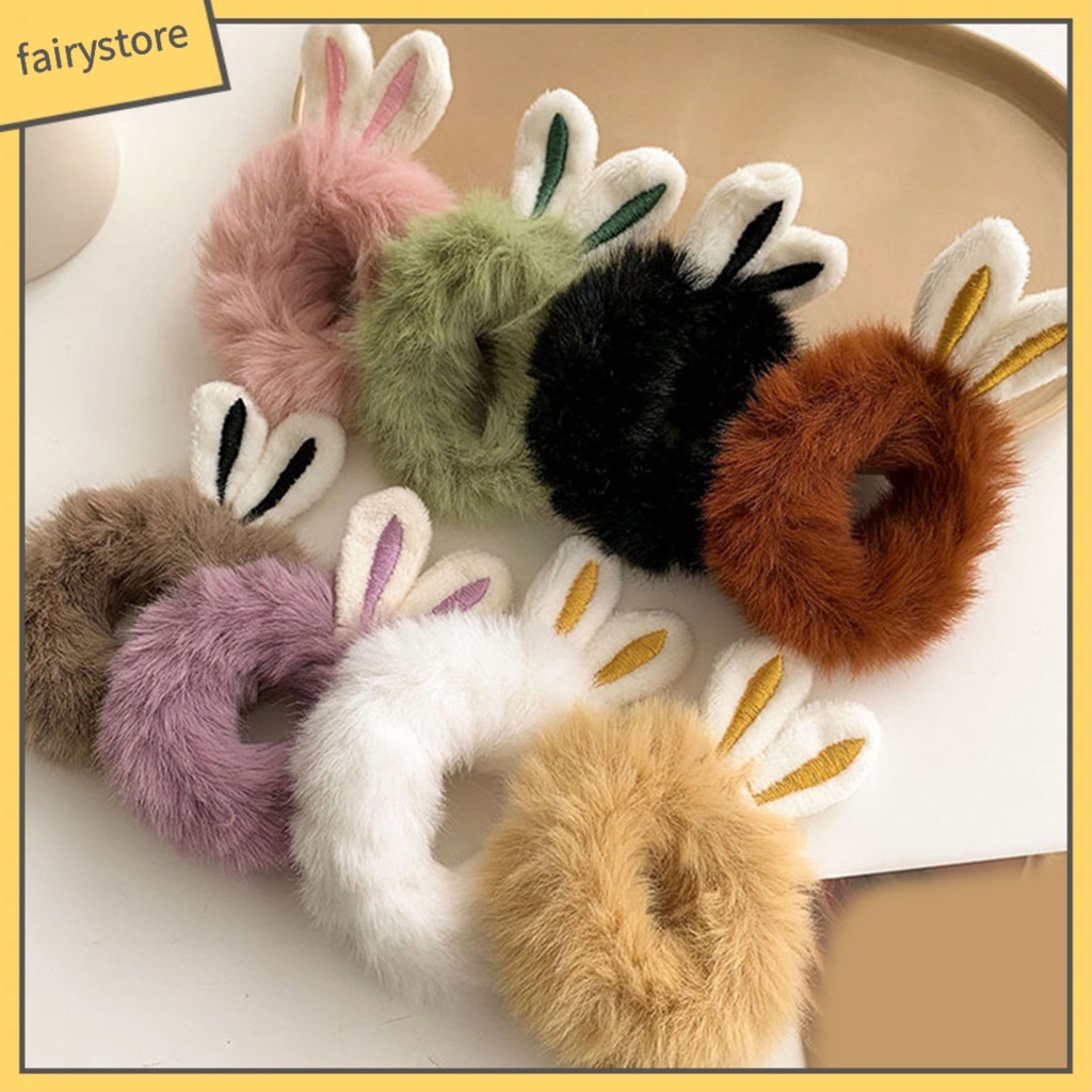 Dây Cột Tóc Tai Thỏ Lông Nhung Mềm Co Giãn Cao Chống Trượt Màu Kẹo Ngọt