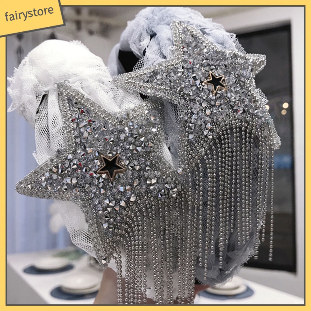 Băng Đô Cài Tóc Bản Rộng Thắt Nút Đính Đá &amp; Tua Rua Cho Nữ