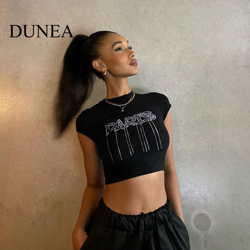 DUNEA Áo Thun Tay Ngắn In Chữ Đính Kim Tuyến Lấp Lánh Quyến Rũ Thời Trang Cho Nữ