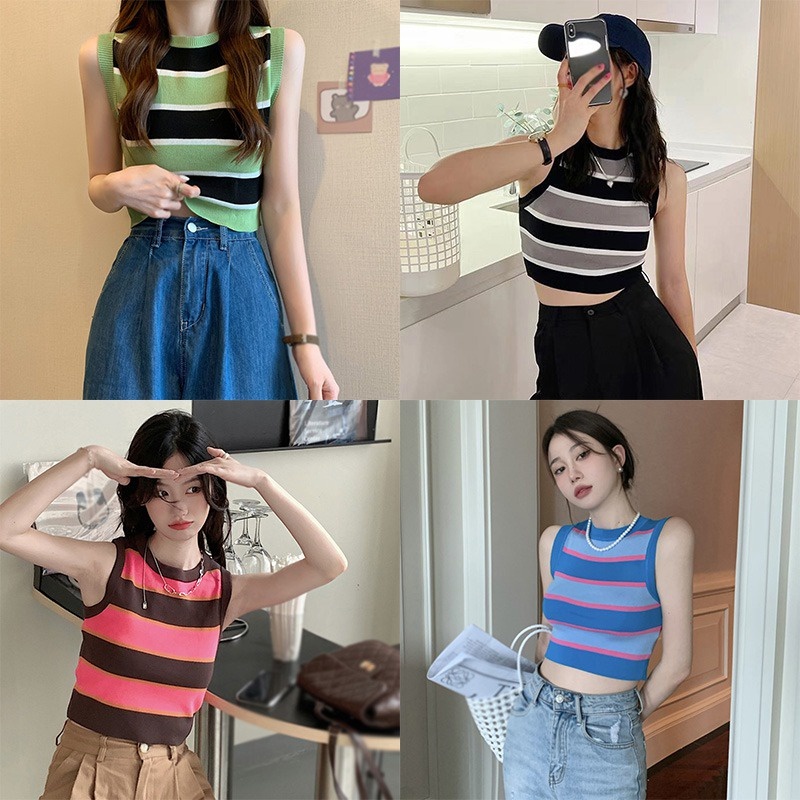 Áo Tank Top Hai Dây Cổ Tròn Họa Tiết Kẻ Sọc Phong Cách Hàn Quốc Thời Trang Quyến Rũ Cho Nữ