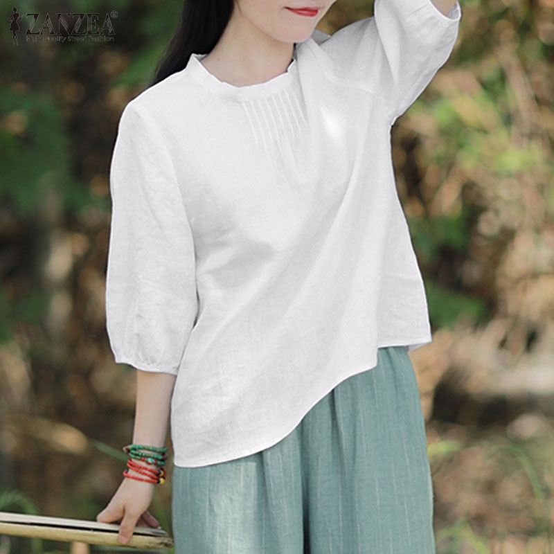 Zanzea Áo Kiểu Tay 3 / 4 Cổ Đứng Xếp Ly Trước Ngực Thời Trang Hàn Quốc Cho Nữ