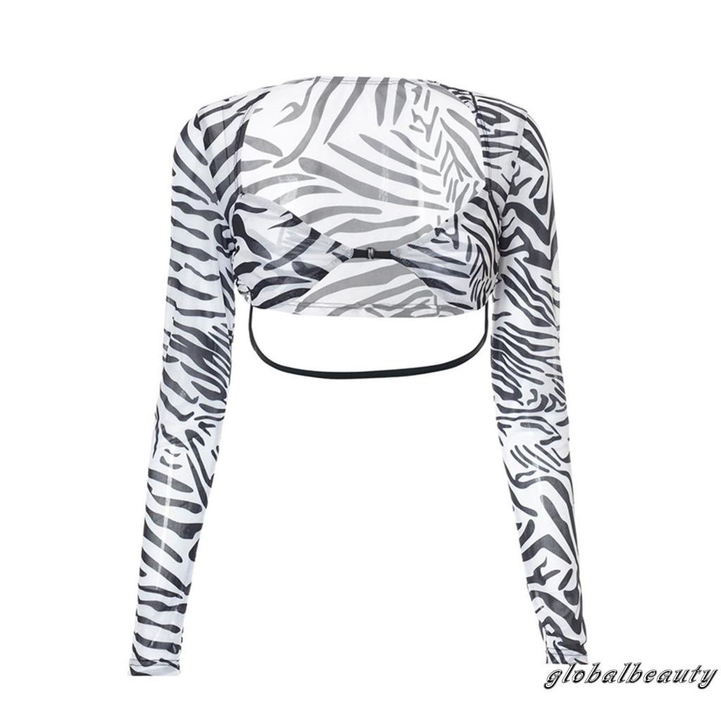 Áo Thun Crop Top Lưới Tay Dài Màu Trơn Họa Tiết Ngựa Vằn Gợi Cảm Cho Nữ