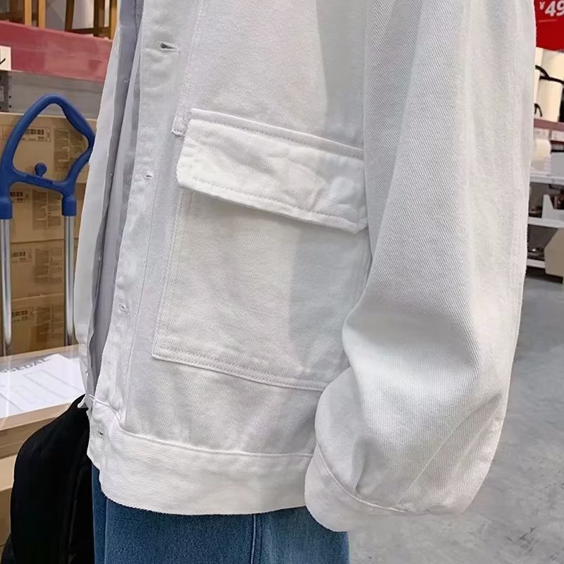 Áo Khoác Denim Màu Đen Dáng Rộng Phong Cách Retro Nhật Hàn Thời Trang Xuân Thu Cho Nam Giới