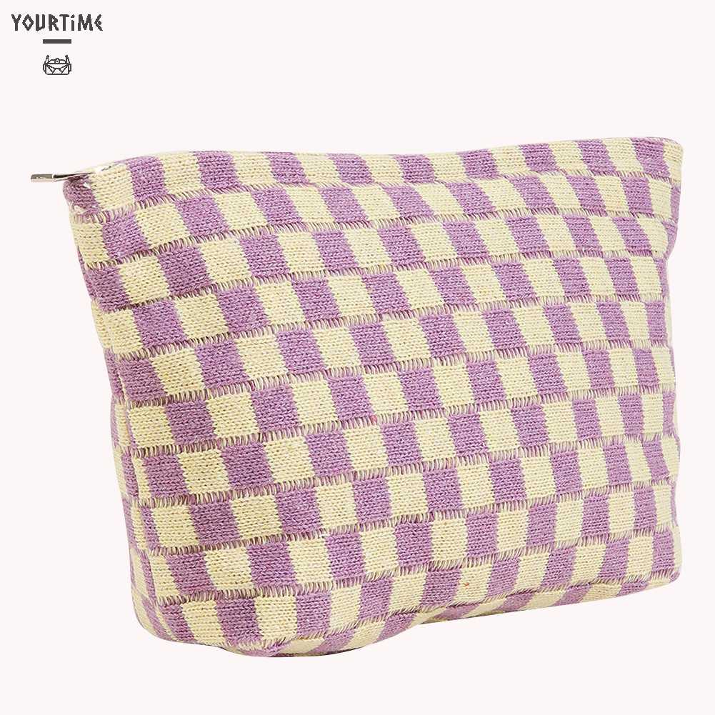 Túi Đựng Mỹ Phẩm Sức Chứa Lớn Họa Tiết Sọc Caro Xinh Xắn Tiện Dụng