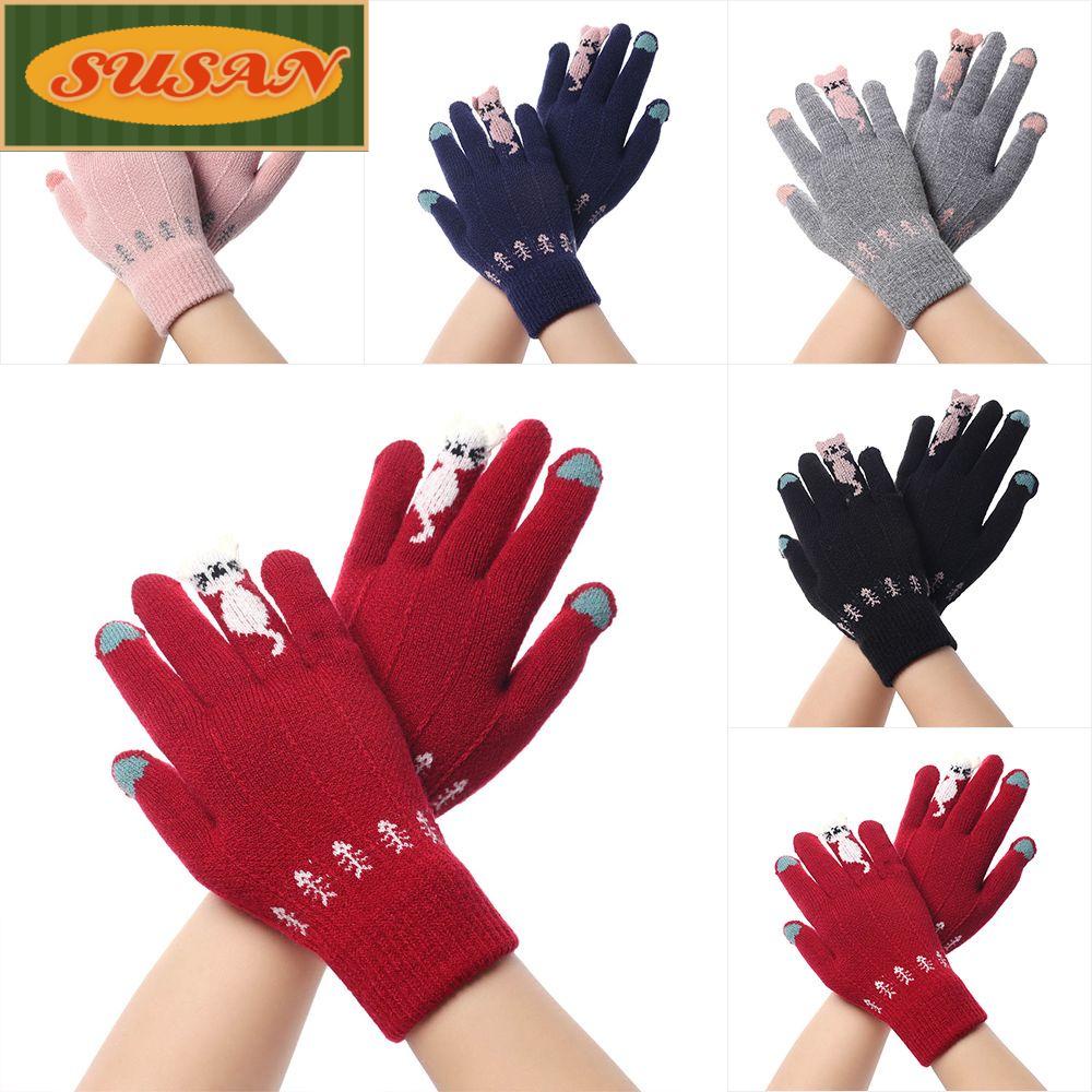 Găng Tay Đan Len Hở Ngón Giữ Ấm Mềm Mại Hình Mèo Hoạt Hình Dễ Thương