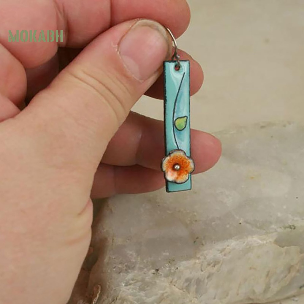 1 Đôi Bông Tai Hình Chữ Nhật Họa Tiết Hoa Màu Xanh Theo Phong Cách Bohemian