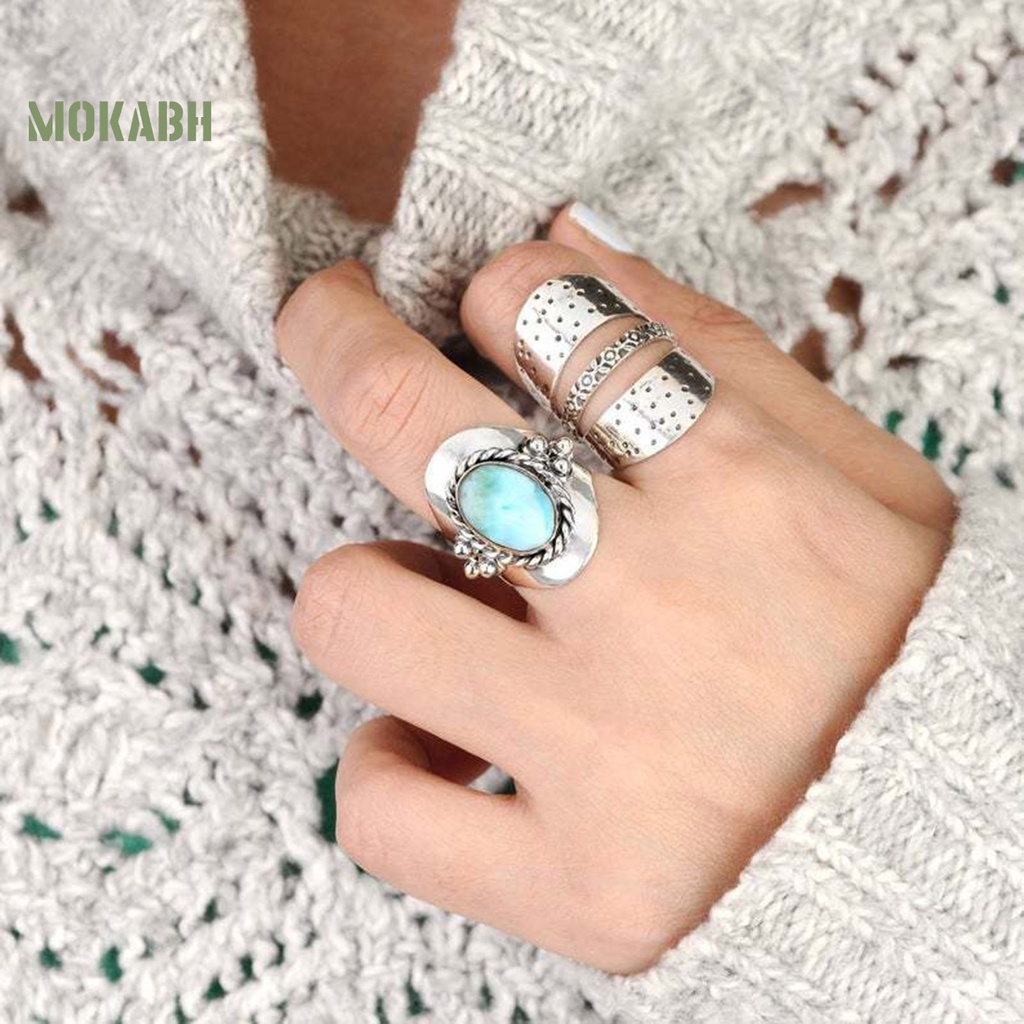 [Mok Abh] Nhẫn Mạ Điện Họa Tiết Hình Học Đính Đá Xanh Lá Phong Cách Boho Cổ Điển Thích Hợp Làm Quà Tặng Cho Nam Và Nữ