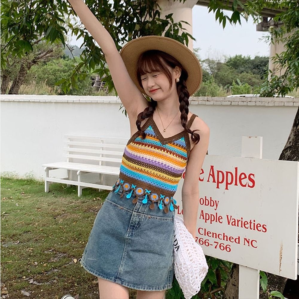 Áo Hai Dây Tua Rua Họa Tiết Kẻ Sọc Rỗng Độc Đáo Ngọt Ngào Cho Bạn Gái