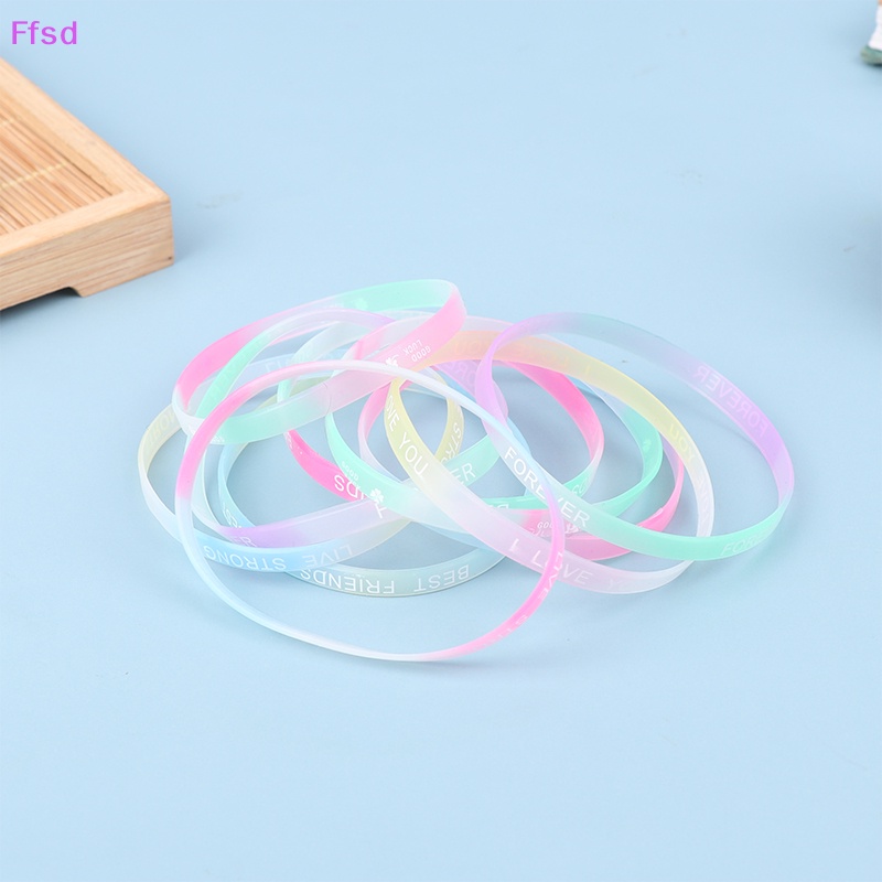 {Ffsd} Set 10 Vòng Tay Cao Su Silicon Phát Quang Màu Kẹo In Chữ Thời Trang Làm Quà Tặng Trang Sức