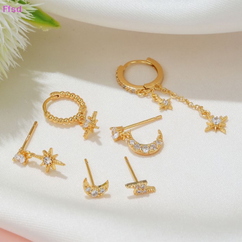 {Ffsd} Bộ 6 Bông Tai Xỏ Lỗ Đính Đá Zircon Pha Lê Hình Mặt Trăng Ngôi Sao Màu Vàng Cho Nữ
