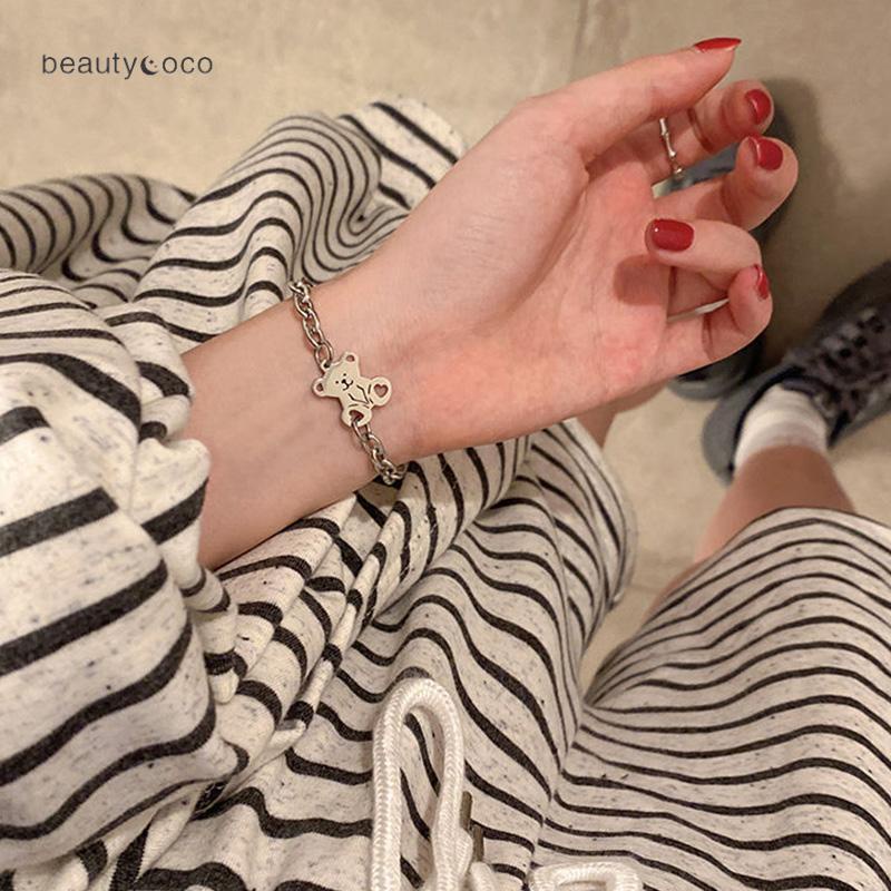 Beautycoco🍊Vòng Tay Thép Titan Màu Bạc Hình Gấu Dễ Thương Thời Trang Cho Nữ