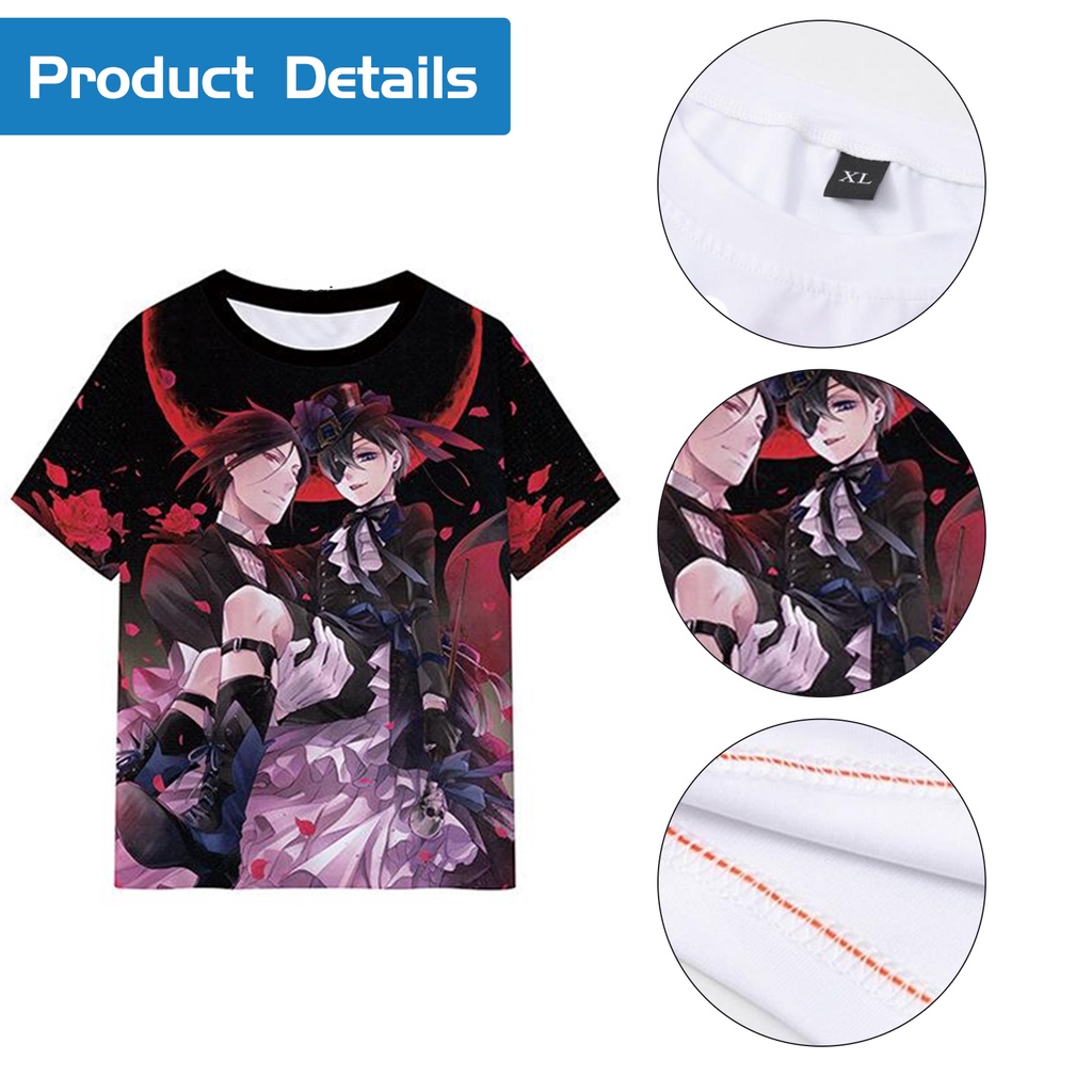 Áo Thun Đen Tay Ngắn Cổ Tròn In Hình Hắc Quản Gia 3D Vn VN VN