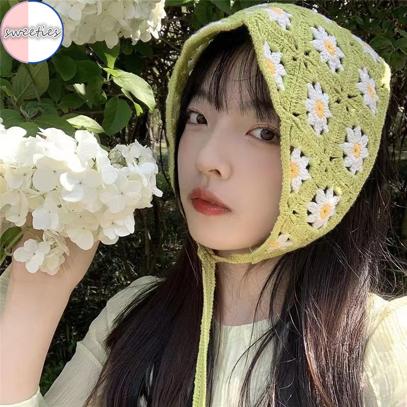 Băng Đô Cài Tóc Dệt Kim Thủ Công Hình Tam Giác Họa Tiết Hoa Cúc Phong Cách Hàn Quốc Ngọt Ngào