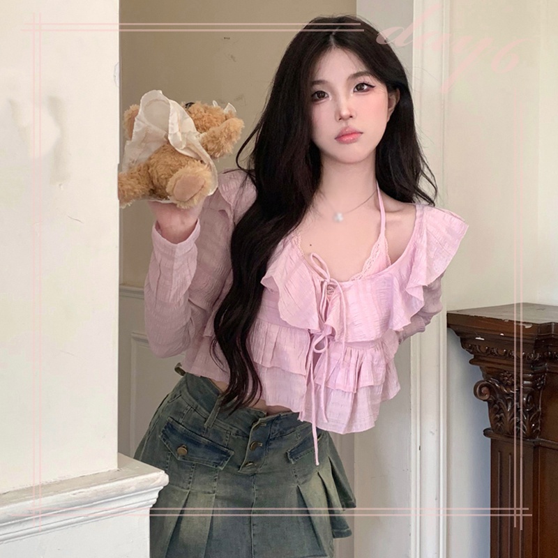 Áo Croptop Tay Dài Viền Ren Phong Cách Hàn Quốc Ngọt Ngào Cho Nữ