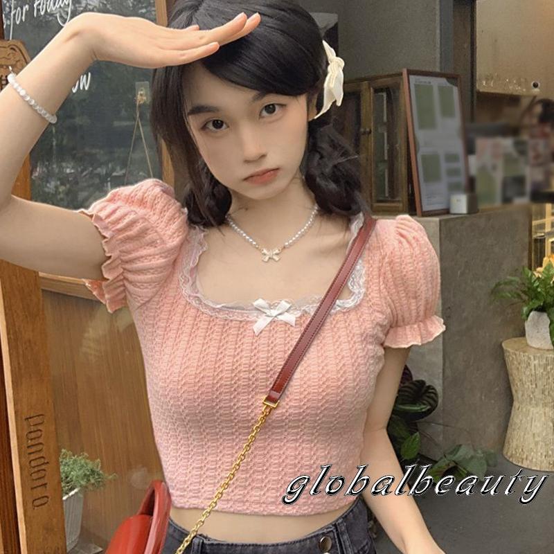 Áo Croptop Cổ Vuông Tay Phồng Phối Ren Thời Trang Mùa Hè Cho Nữ