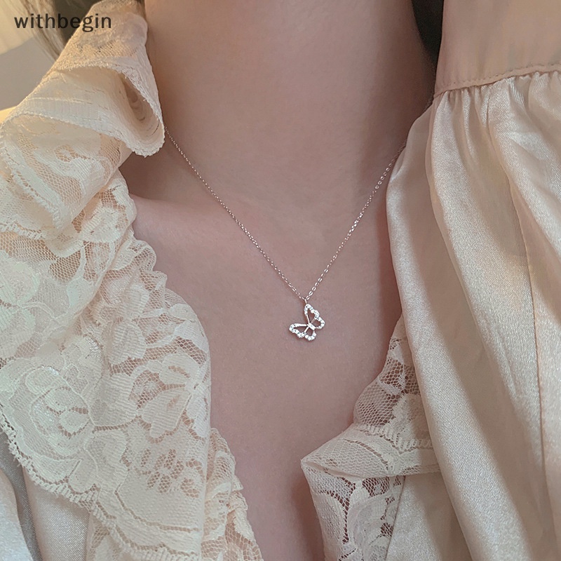 Vòng cổ Bạc Mặt Hình Bướm Rỗng Đính Đá Zircon Lấp Lánh Thời Trang Cho Nữ