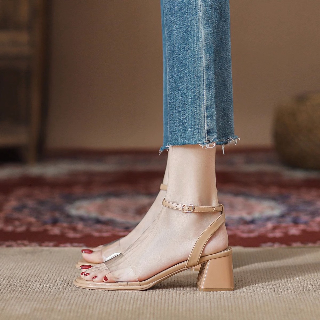 Duoya Tóc Thẳng ~ [Hàng Có Sẵn] Sandal Cao Gót Dây Da Mềm Trong Suốt Cảm Giác Màu Nude Đơn Giản Cho Nữ Miễn Phí Vận Chuyển