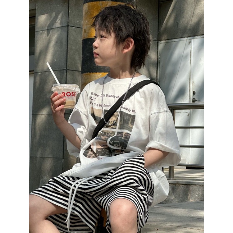 Bộ Áo Thun Cotton Ngắn Tay + Quần Short Phong Cách Hàn Quốc Dễ Thương Thời Trang Mùa Hè Cho Bé Trai