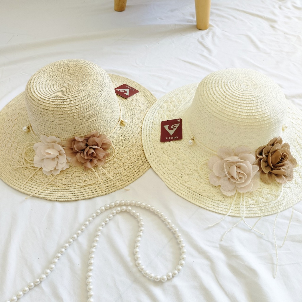 Nón cói, Mũ cói đi biển nữ vành rộng đính ngọc kết 2 bông hoa vintage chất cói dày dặn dập ly tỉ mỉ - Tuấn Quân Shop