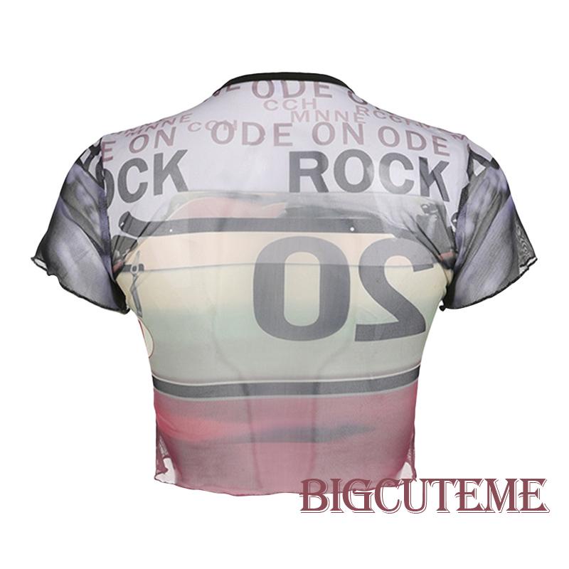 [] Áo Thun Lưới Ngắn Tay Xuyên Thấu Cổ Thuyền In Chữ Going Out Y2k Thời Trang Mùa Hè Cho Nữ