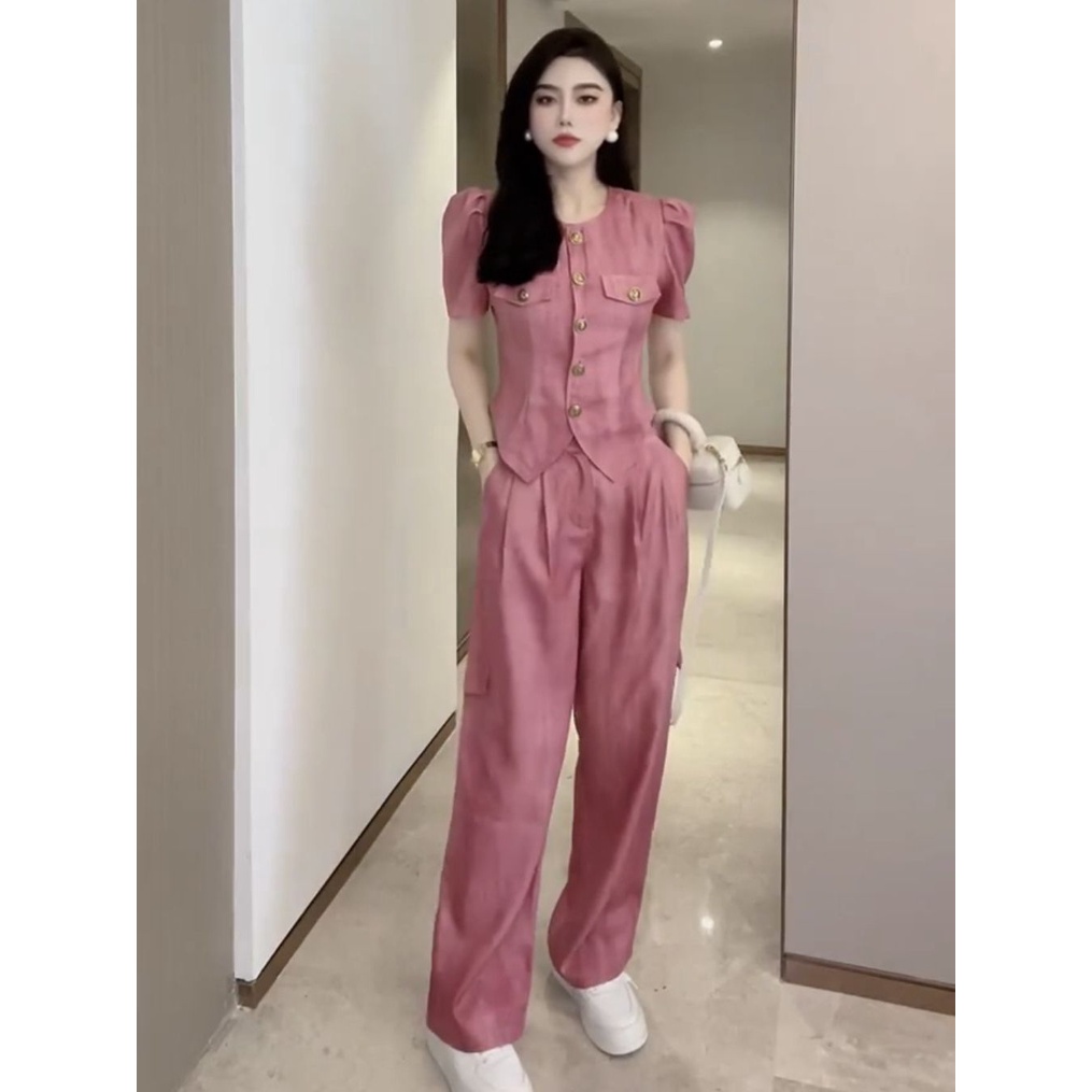 Áo Tay Ngắn Phồng Ôm Dáng Phối Nút Kim Loại + Quần Ống Rộng Thời Trang Mùa Hè 2023 Cho Nữ