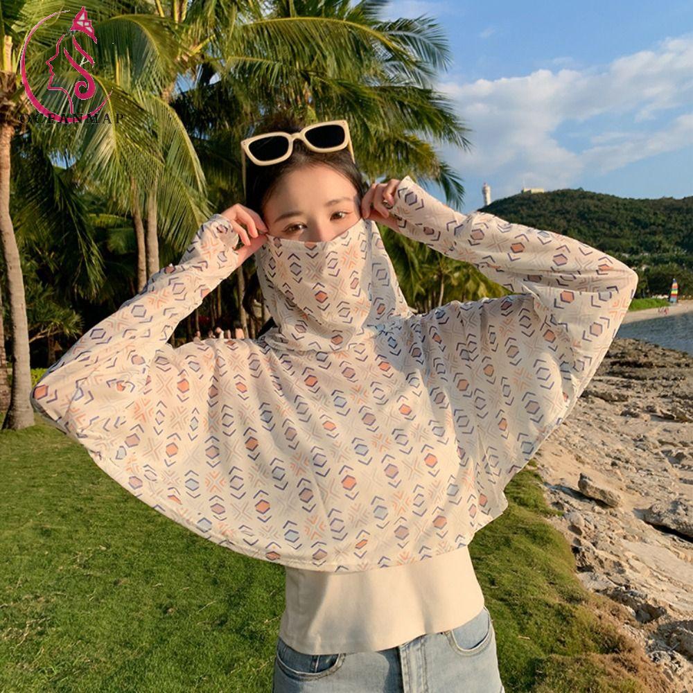 OCEANMAP Áo Chống Nắng Tay Dài Bằng Lụa Lạnh Mỏng Bảo Vệ Cổ Chống Tia UV Họa Tiết Hoa Dành Cho Bạn Nữ