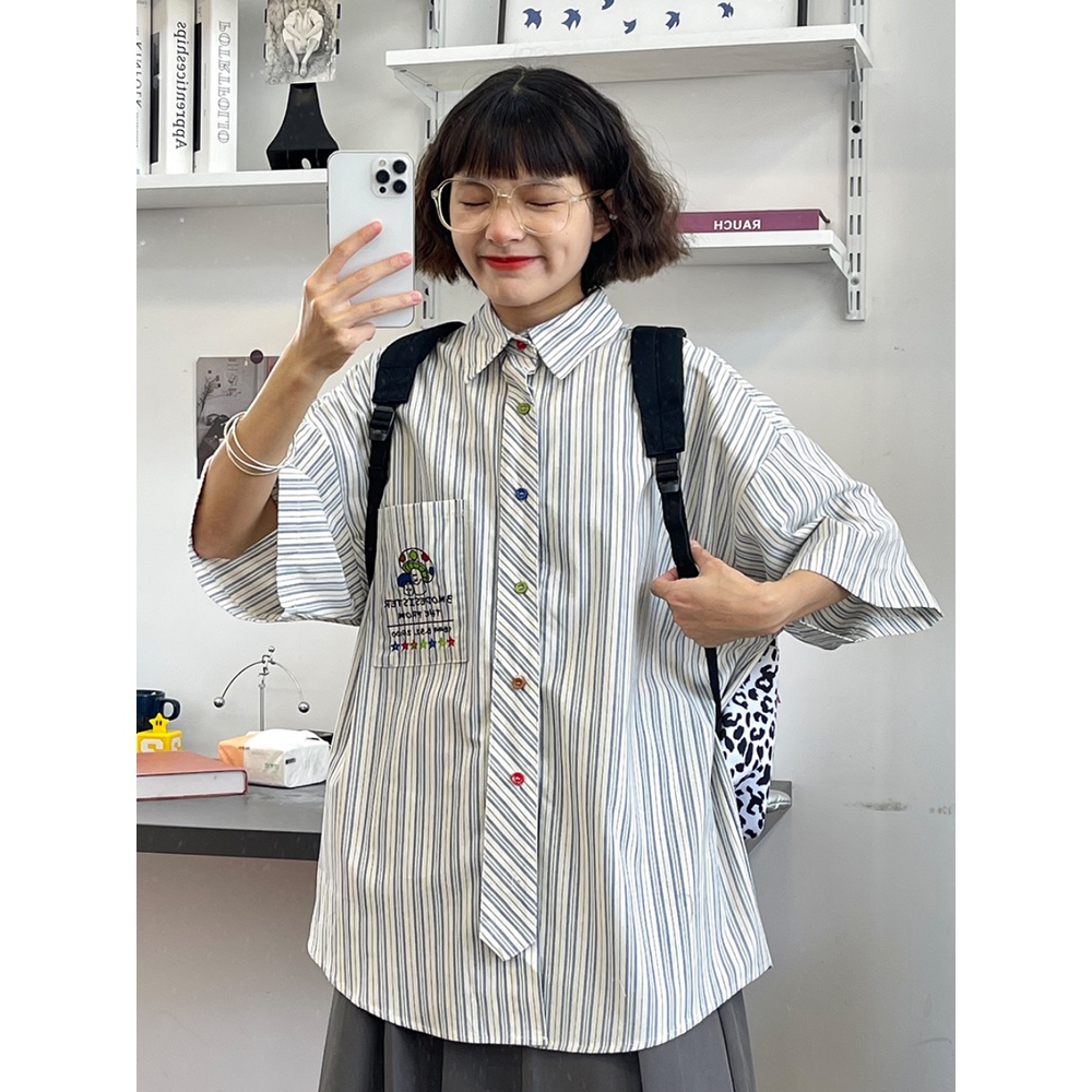 Áo Sơ Mi Tay Ngắn Kẻ Sọc In Hoạt Hình Thời Trang Mùa Hè 2023 Cho Nữ