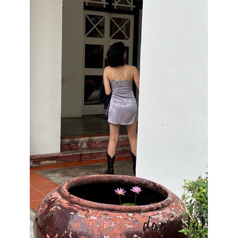 Đầm Khiêu Vũ Satin Không Tay Hở Lưng Họa Tiết Hoa 1O1