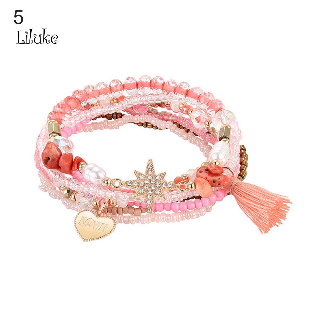 Vòng Tay Hợp Kim Xỏ Hạt Nhiều Lớp Màu Trơn Phong Cách Bohemian