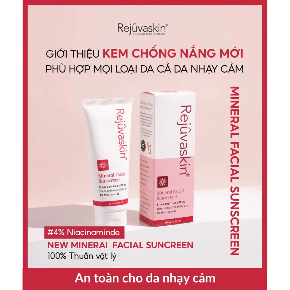 Kem chống nắng vật lý Mineral Facial Sunscreen Rejuvaskin SPF 32 dưỡng ẩm, phục hồi da 60ml - DH Beauty
