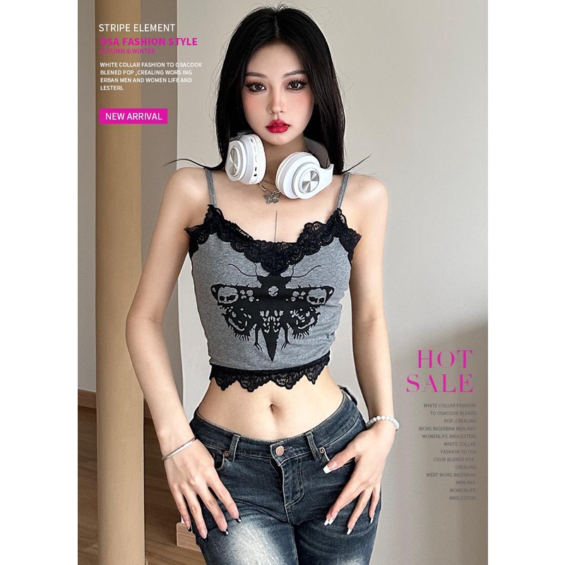 Áo Ren Hai Dây Dáng Ôm In Họa Tiết Thời Trang Mùa Hè Cho Bạn Gái