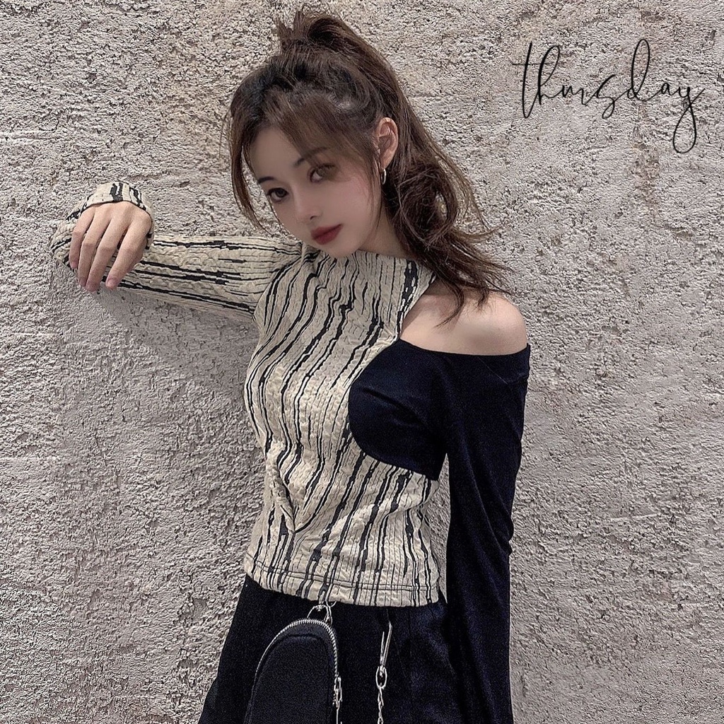 Áo Kiểu Tay Dài Dáng Ôm Hở Xương Quai Xanh Gợi Cảm Thiết Kế Mới