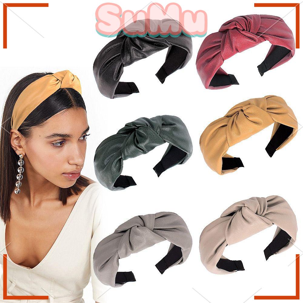 SUMU Băng Đô Cài Tóc Bằng Da PU Màu Trơn Dễ Thương Cho Bé Gái