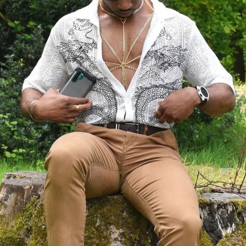 INCERUN Áo Sơ Mi Ngắn Tay In Hình Rồng Thời Trang Dành Cho Nam