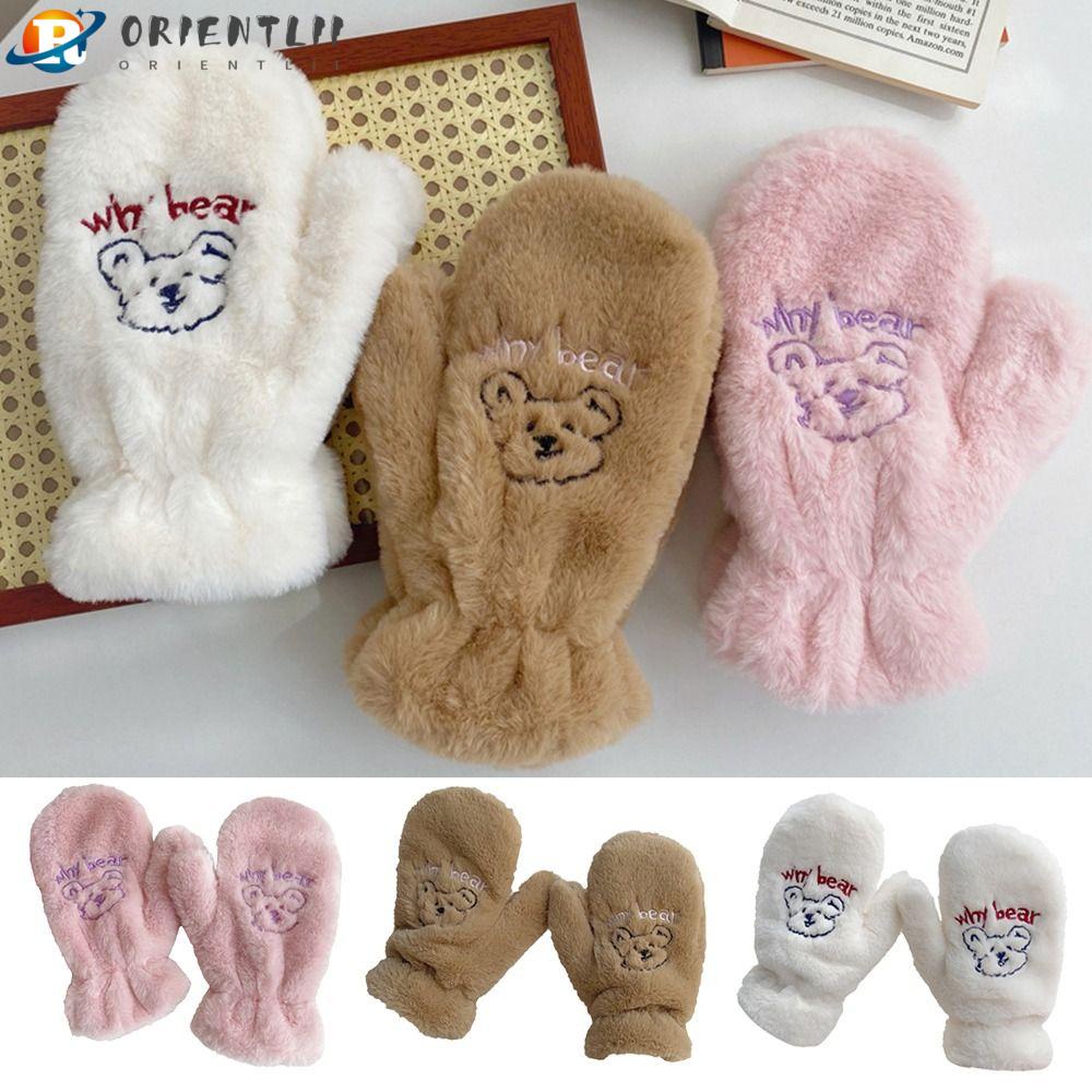 ORIENTLII Găng Tay Thêu Hình Gấu Chống Gió Giữ Ấm Mùa Đông